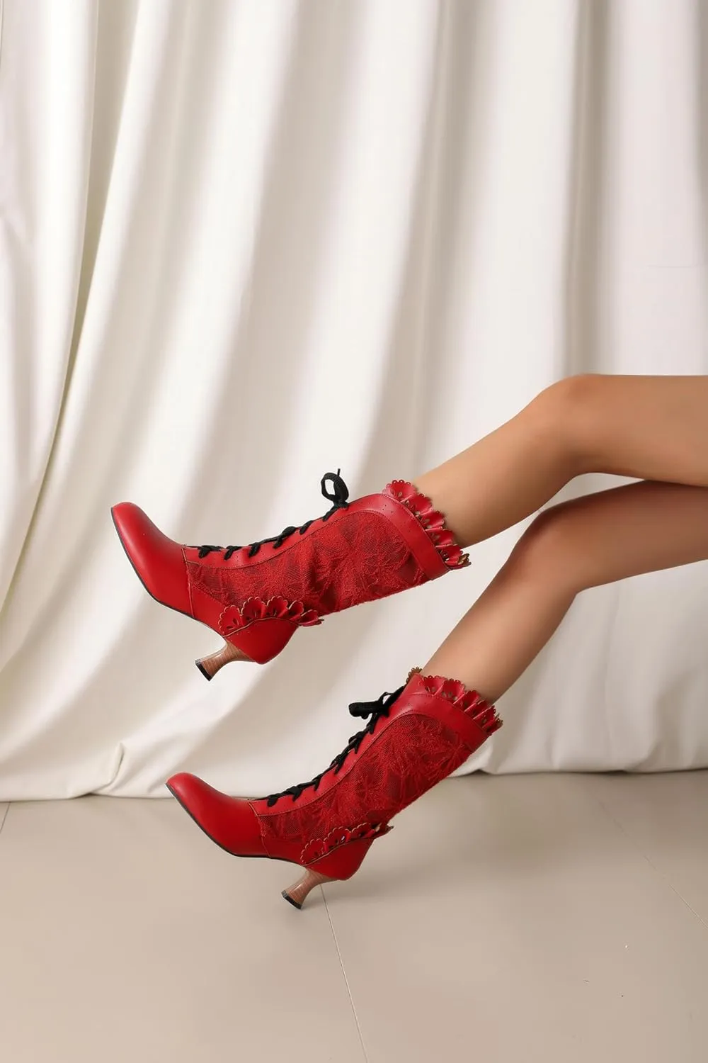 Women Sweet Bow-knot Boots Mid Heels Lace Up Medieval Renaissance Victorian Boots Cosplay Mid-Calf Kawaii Boot with Ruffles