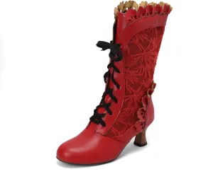 Women Sweet Bow-knot Boots Mid Heels Lace Up Medieval Renaissance Victorian Boots Cosplay Mid-Calf Kawaii Boot with Ruffles