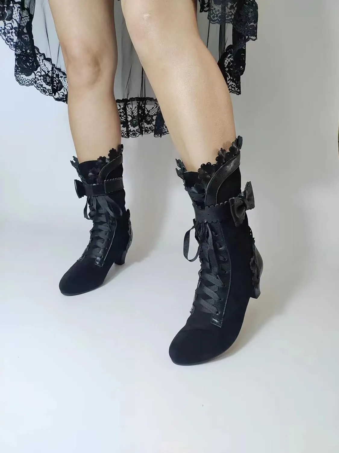Women Sweet Bow-knot Boots Mid Heels Lace Up Medieval Renaissance Victorian Boots Cosplay Mid-Calf Kawaii Boot with Ruffles