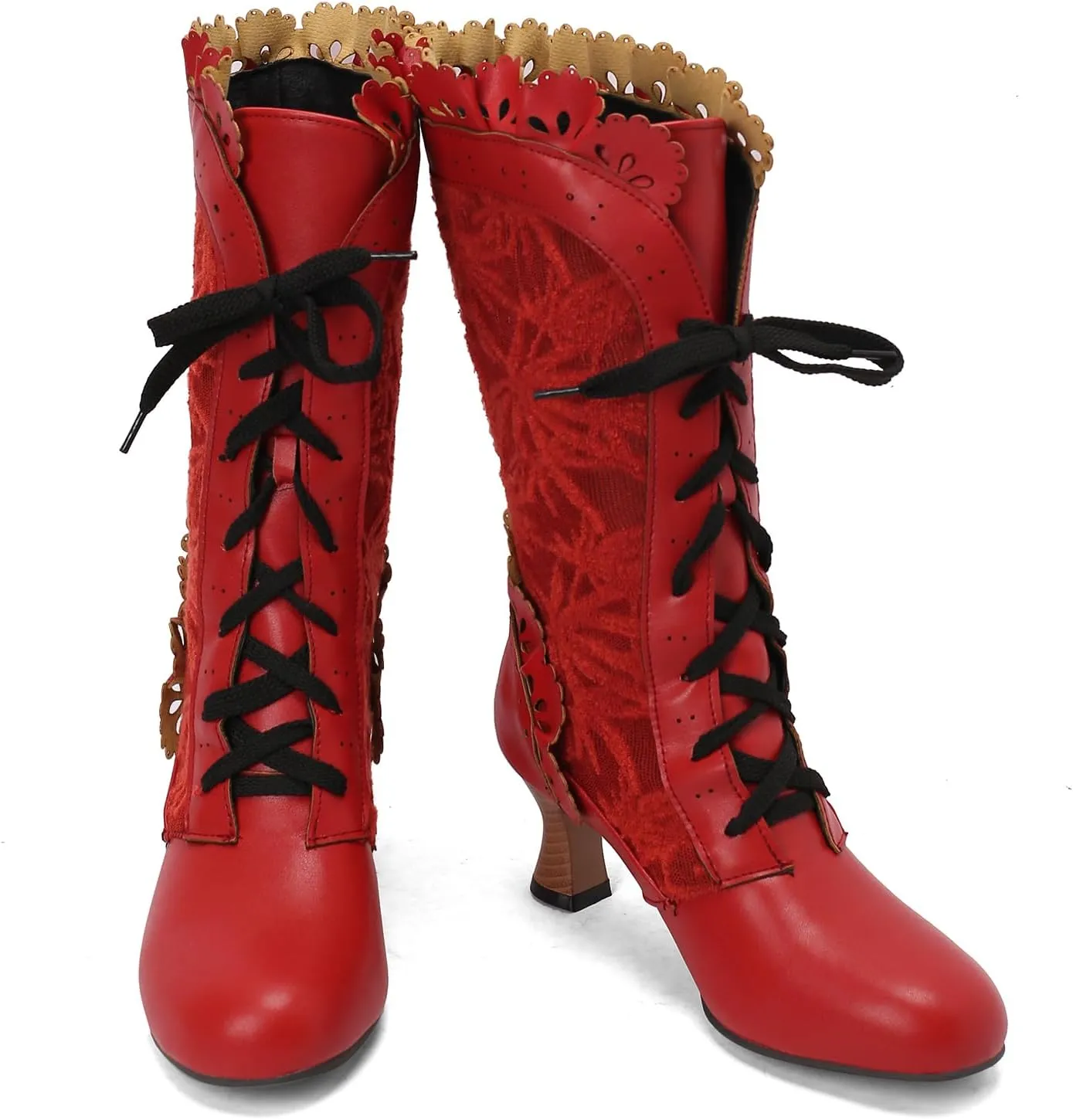 Women Sweet Bow-knot Boots Mid Heels Lace Up Medieval Renaissance Victorian Boots Cosplay Mid-Calf Kawaii Boot with Ruffles