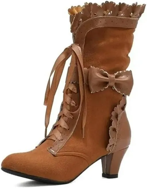 Women Sweet Bow-knot Boots Mid Heels Lace Up Medieval Renaissance Victorian Boots Cosplay Mid-Calf Kawaii Boot with Ruffles