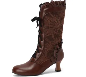 Women Sweet Bow-knot Boots Mid Heels Lace Up Medieval Renaissance Victorian Boots Cosplay Mid-Calf Kawaii Boot with Ruffles
