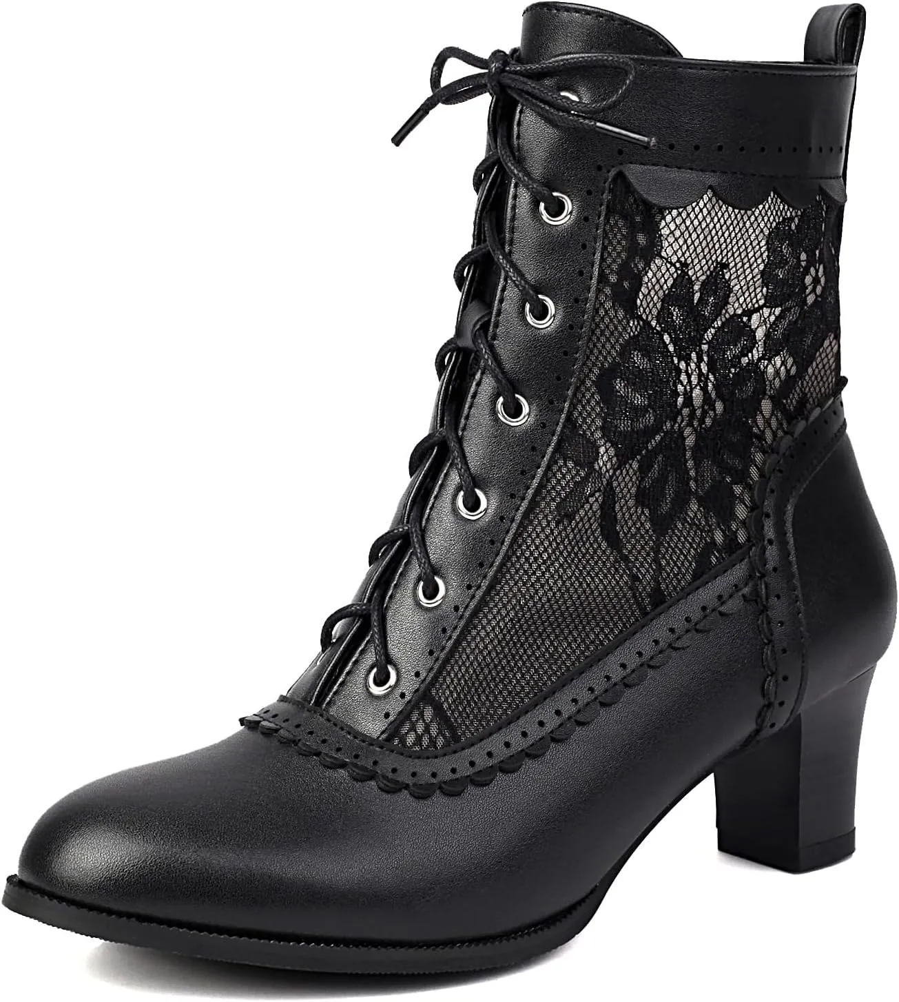 Women Victorian Boots 70s Lace up Ankle Boots Kitten Heel Costume Shoes Side Zipper Round Toe