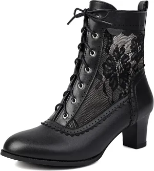 Women Victorian Boots 70s Lace up Ankle Boots Kitten Heel Costume Shoes Side Zipper Round Toe