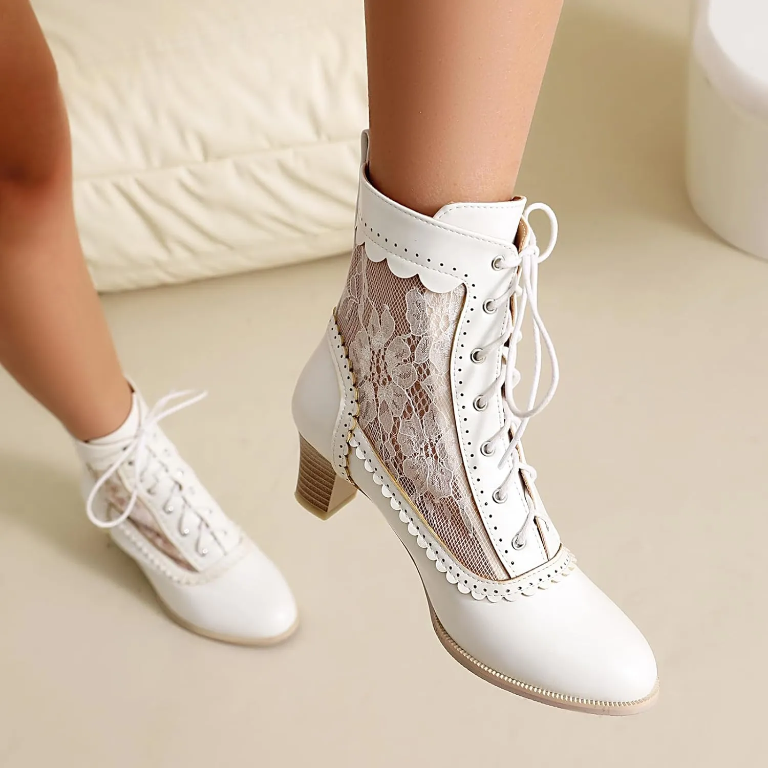 Women Victorian Boots 70s Lace up Ankle Boots Kitten Heel Costume Shoes Side Zipper Round Toe