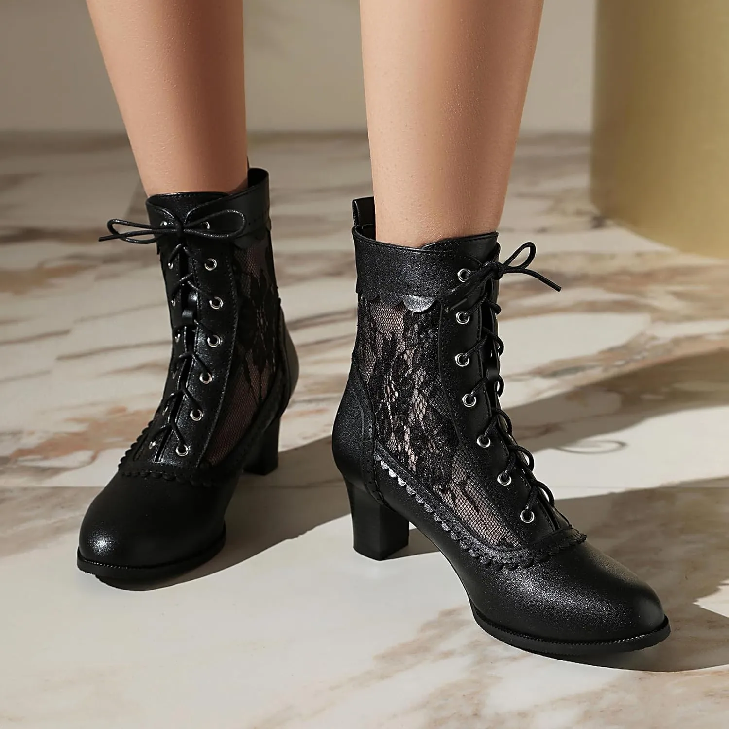 Women Victorian Boots 70s Lace up Ankle Boots Kitten Heel Costume Shoes Side Zipper Round Toe