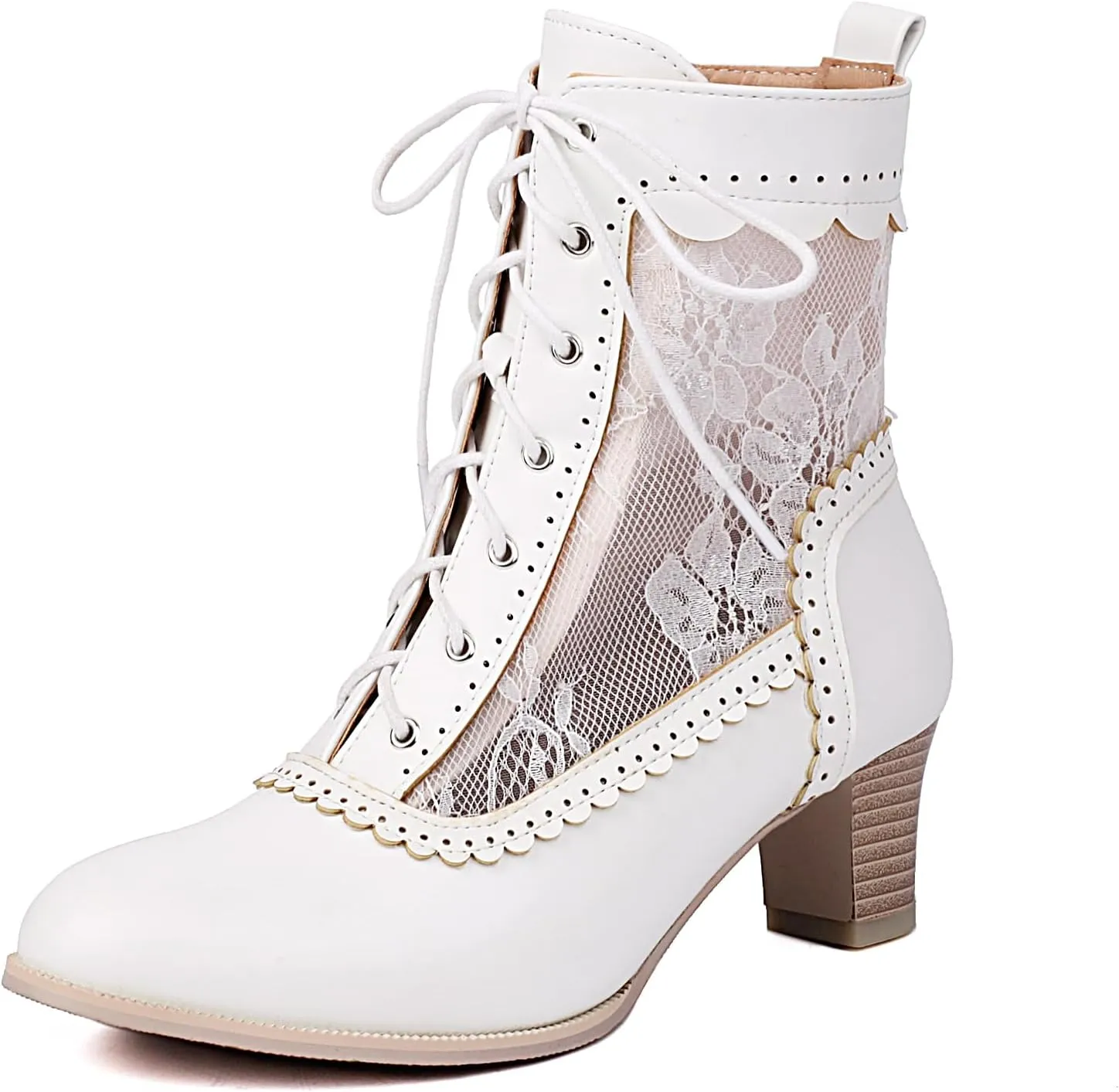 Women Victorian Boots 70s Lace up Ankle Boots Kitten Heel Costume Shoes Side Zipper Round Toe