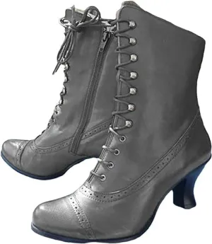 Women Vintage Boots, 70s Lace up Ankle Boots Mid Heel Booties Cone Heel Side Zip Almond Toe Boots Costume Shoes, Multisize