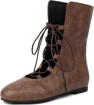 Women Vintage Flats Short Boots Lace Up COS Medieval Men's Faux Leather Gothic Shoes