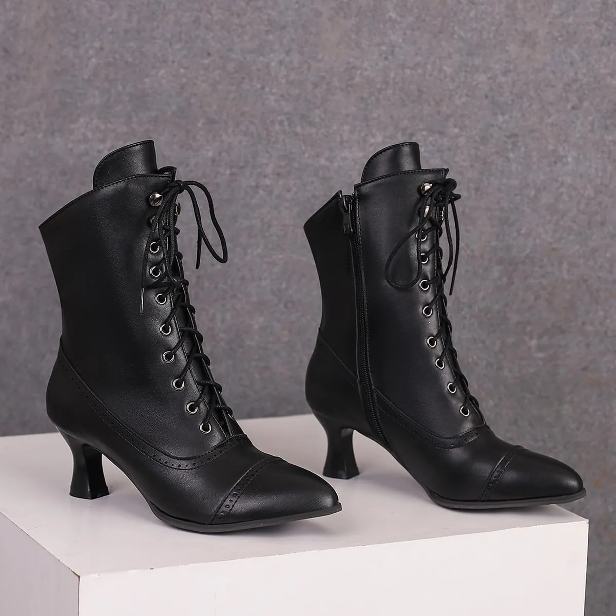 Women Vintage Victorian Boots Kitten Heel Granny Boots Lace Up Ankle Boots