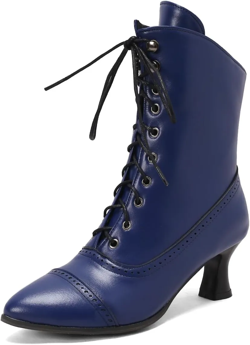 Women Vintage Victorian Boots Kitten Heel Granny Boots Lace Up Ankle Boots