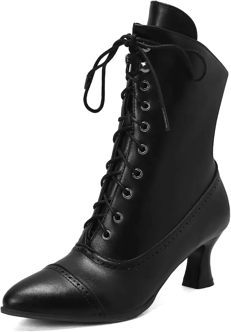 Women Vintage Victorian Boots Kitten Heel Granny Boots Lace Up Ankle Boots