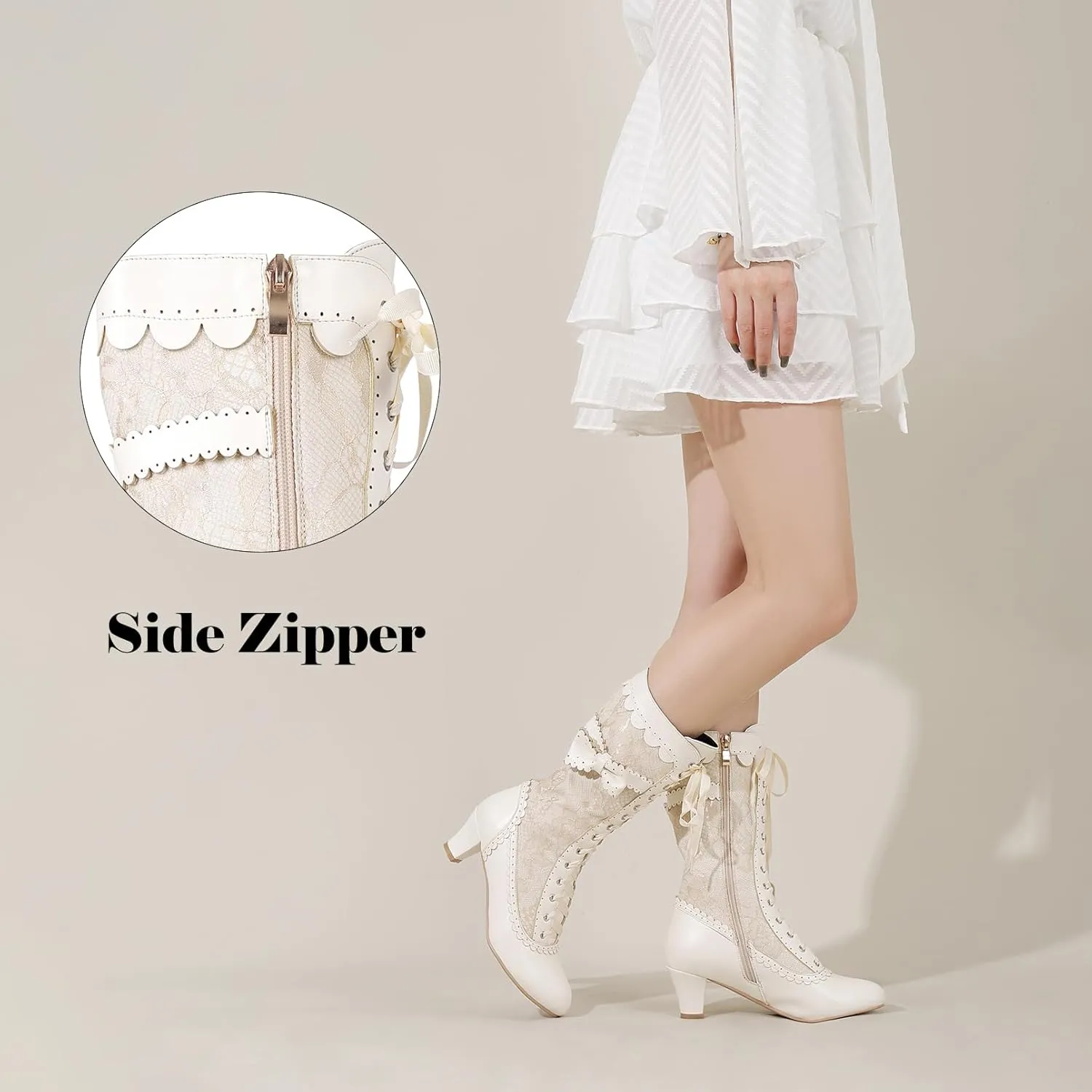 Women Vintage Victorian Boots Lace Bridal Brides Wedding Boots Mid Calf Zipper Costume Renaissance Mid Heel Dress Boots