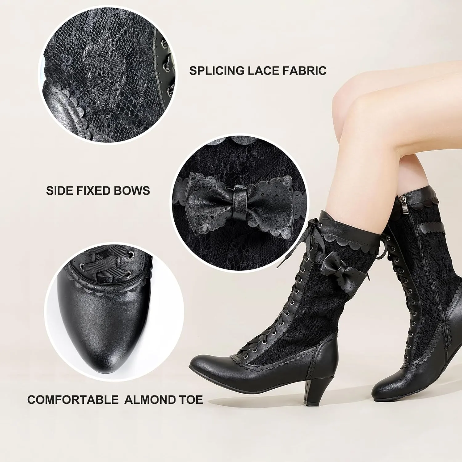 Women Vintage Victorian Boots Lace Bridal Brides Wedding Boots Mid Calf Zipper Costume Renaissance Mid Heel Dress Boots