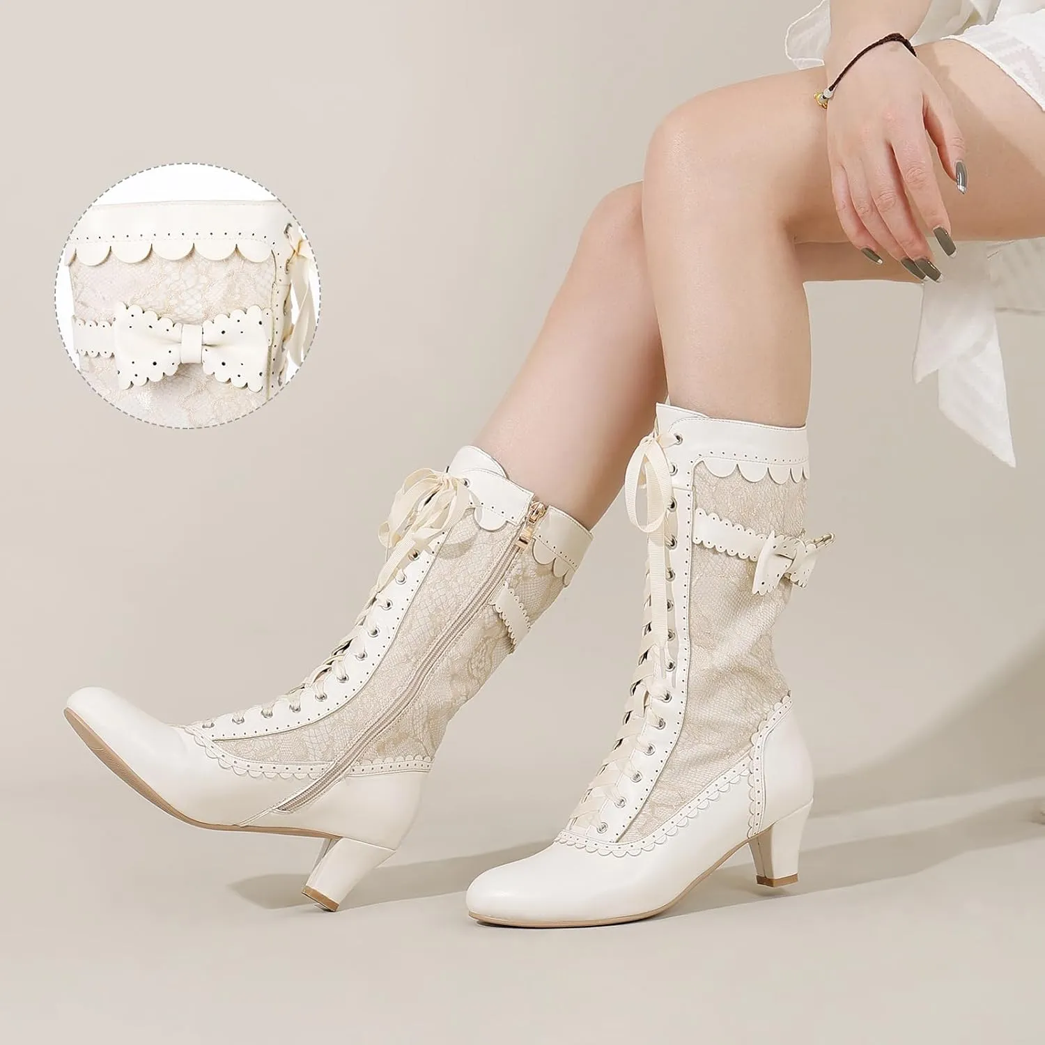 Women Vintage Victorian Boots Lace Bridal Brides Wedding Boots Mid Calf Zipper Costume Renaissance Mid Heel Dress Boots
