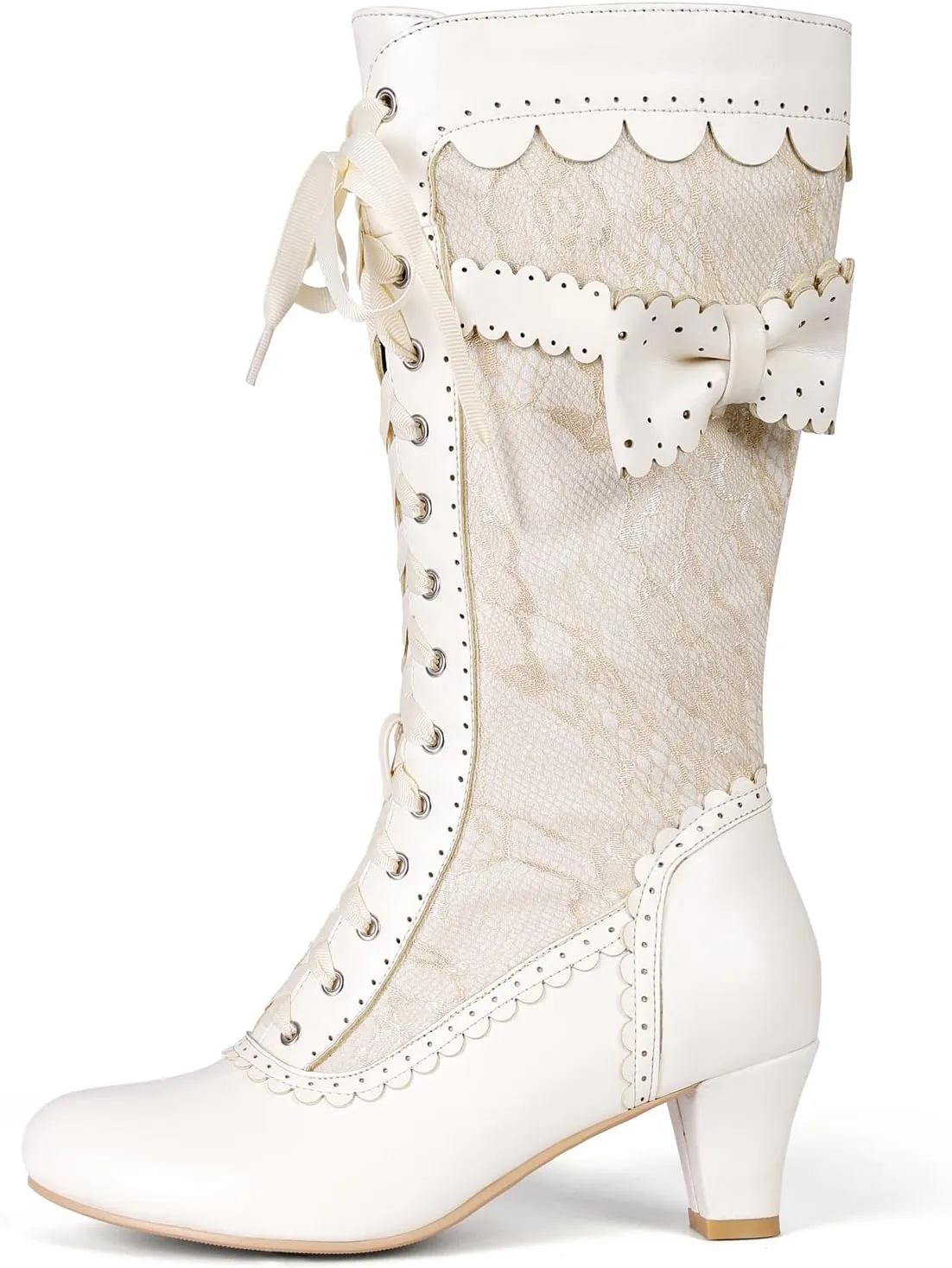 Women Vintage Victorian Boots Lace Bridal Brides Wedding Boots Mid Calf Zipper Costume Renaissance Mid Heel Dress Boots