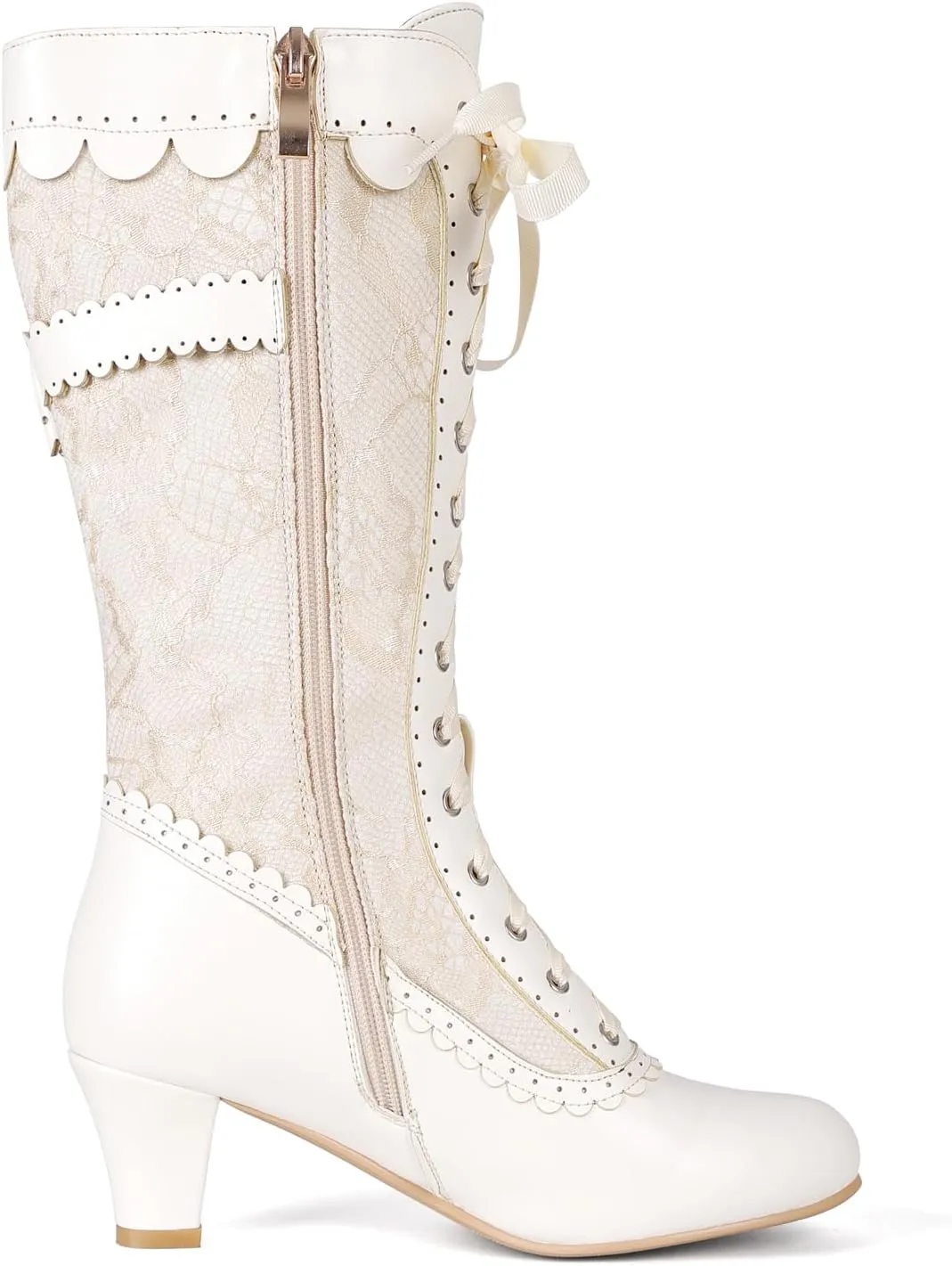 Women Vintage Victorian Boots Lace Bridal Brides Wedding Boots Mid Calf Zipper Costume Renaissance Mid Heel Dress Boots