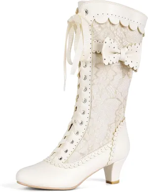 Women Vintage Victorian Boots Lace Bridal Brides Wedding Boots Mid Calf Zipper Costume Renaissance Mid Heel Dress Boots