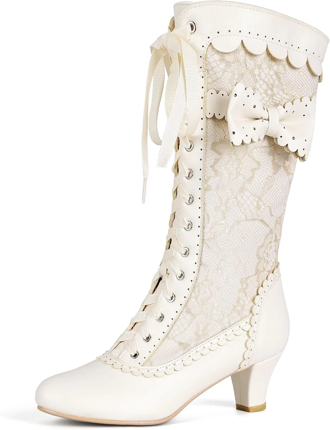 Women Vintage Victorian Boots Lace Bridal Brides Wedding Boots Mid Calf Zipper Costume Renaissance Mid Heel Dress Boots