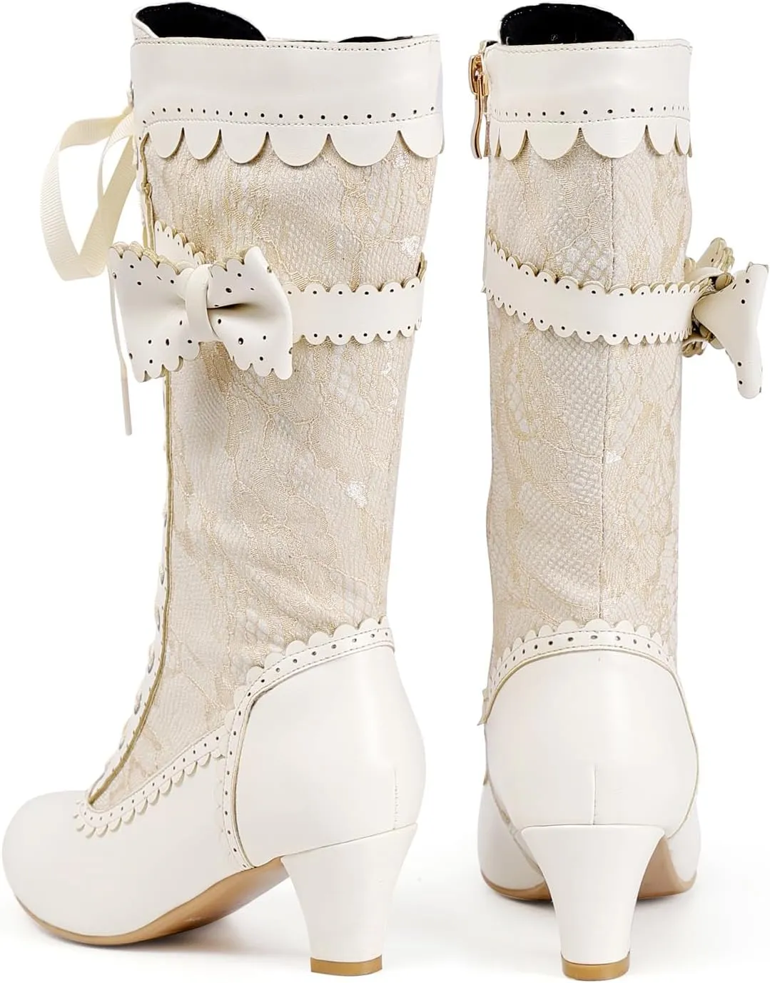 Women Vintage Victorian Boots Lace Bridal Brides Wedding Boots Mid Calf Zipper Costume Renaissance Mid Heel Dress Boots