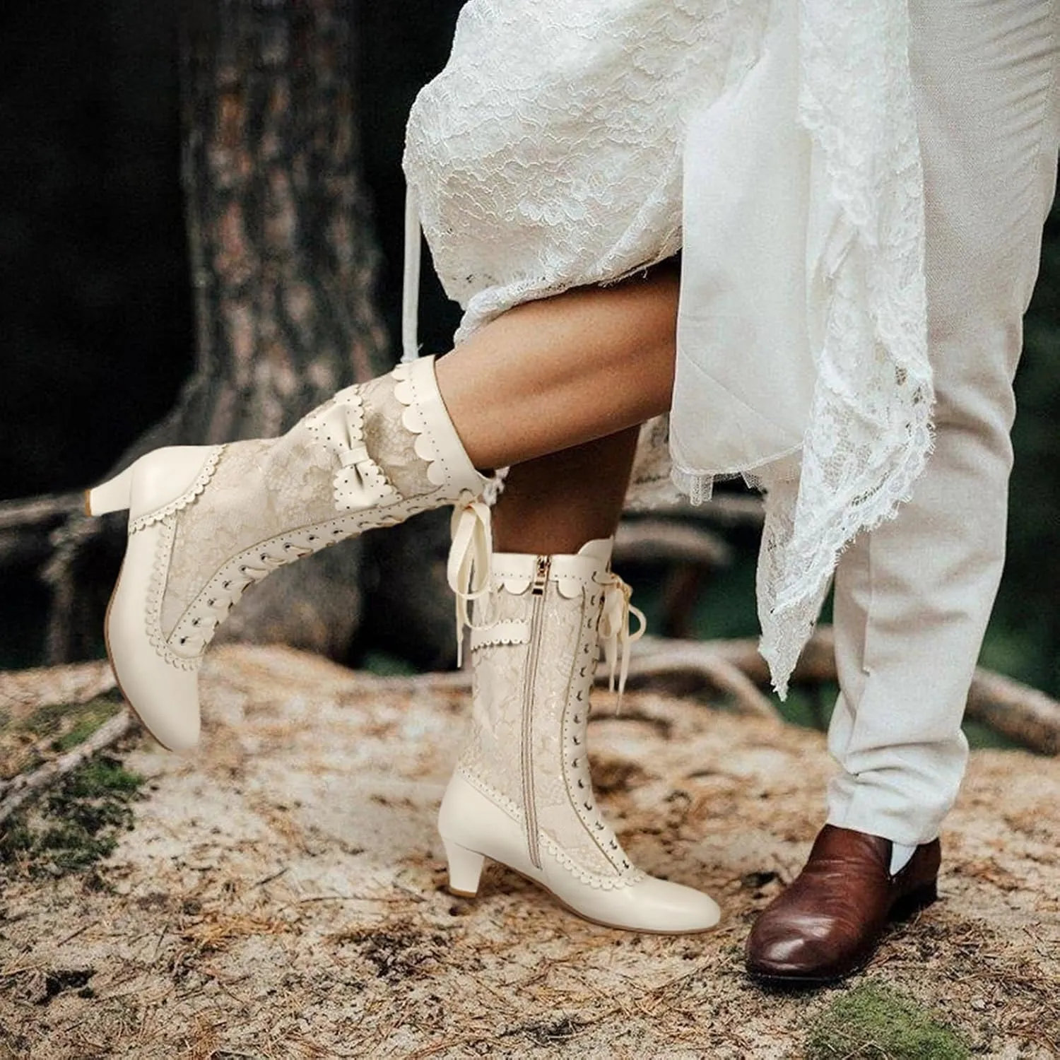 Women Vintage Victorian Boots Lace Bridal Brides Wedding Boots Mid Calf Zipper Costume Renaissance Mid Heel Dress Boots