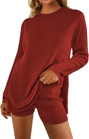 Womens 2 Piece Sets Fall Outfits 2024 Long Sleeve Lounge Set Knit Top Matching Shorts Casual Beach Travel Vacation Cruise Clothes Mocha