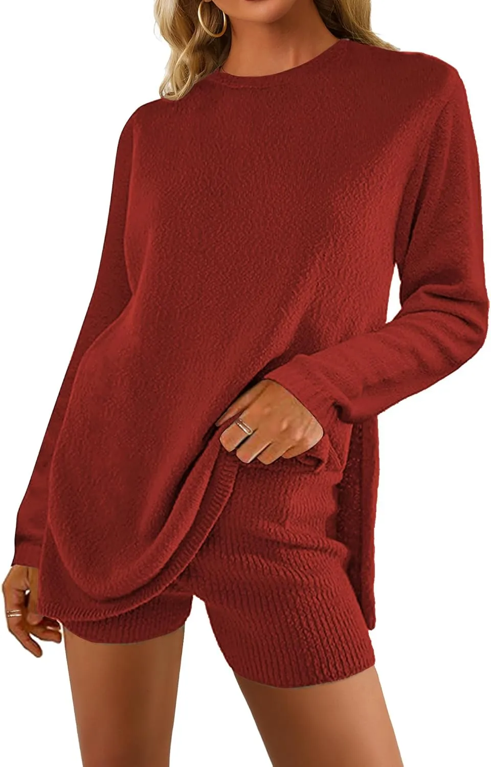 Womens 2 Piece Sets Fall Outfits 2024 Long Sleeve Lounge Set Knit Top Matching Shorts Casual Beach Travel Vacation Cruise Clothes Mocha