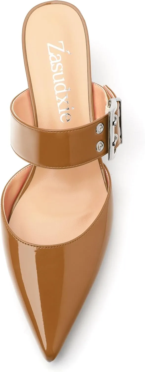 Women's Adjustable Strap Buckle Patent Solid Pointed Toe Chunky Low Heel Mules Casual Dress Pumps Slide Sandals 2 Inch