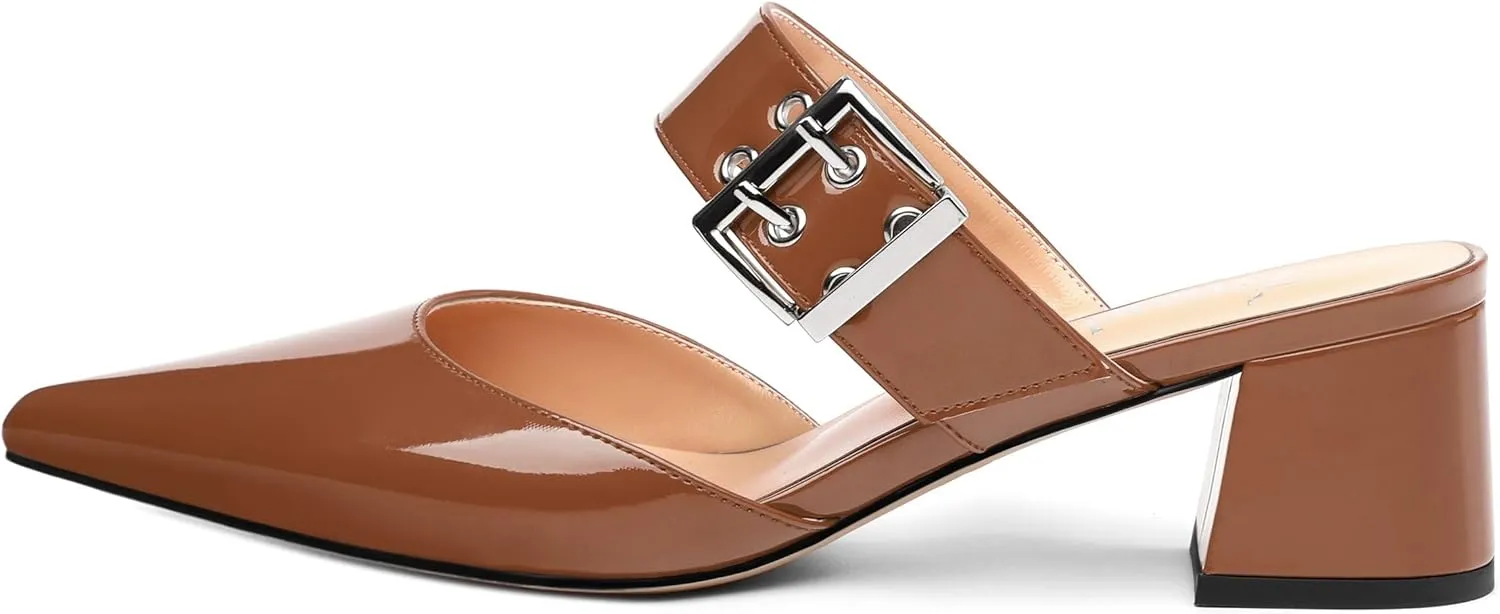 Women's Adjustable Strap Buckle Patent Solid Pointed Toe Chunky Low Heel Mules Casual Dress Pumps Slide Sandals 2 Inch