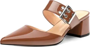 Women's Adjustable Strap Buckle Patent Solid Pointed Toe Chunky Low Heel Mules Casual Dress Pumps Slide Sandals 2 Inch