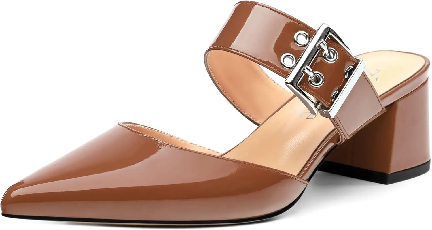 Women's Adjustable Strap Buckle Patent Solid Pointed Toe Chunky Low Heel Mules Casual Dress Pumps Slide Sandals 2 Inch