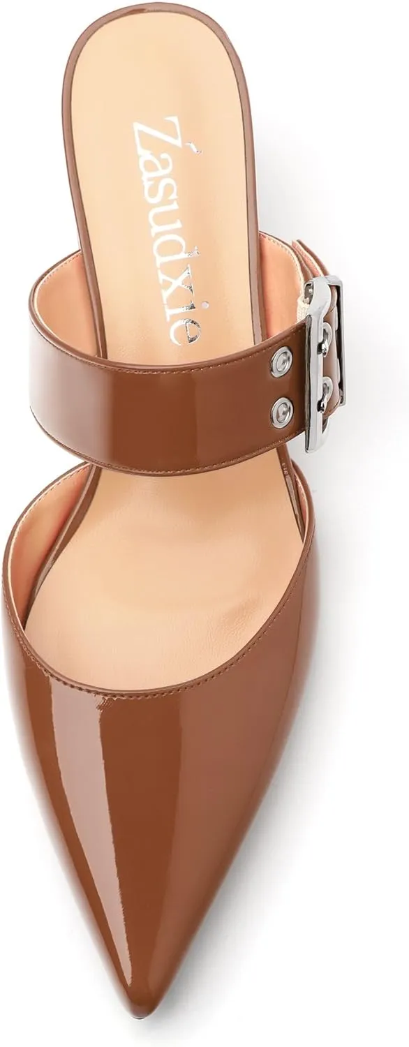 Women's Adjustable Strap Buckle Patent Solid Pointed Toe Chunky Low Heel Mules Casual Dress Pumps Slide Sandals 2 Inch