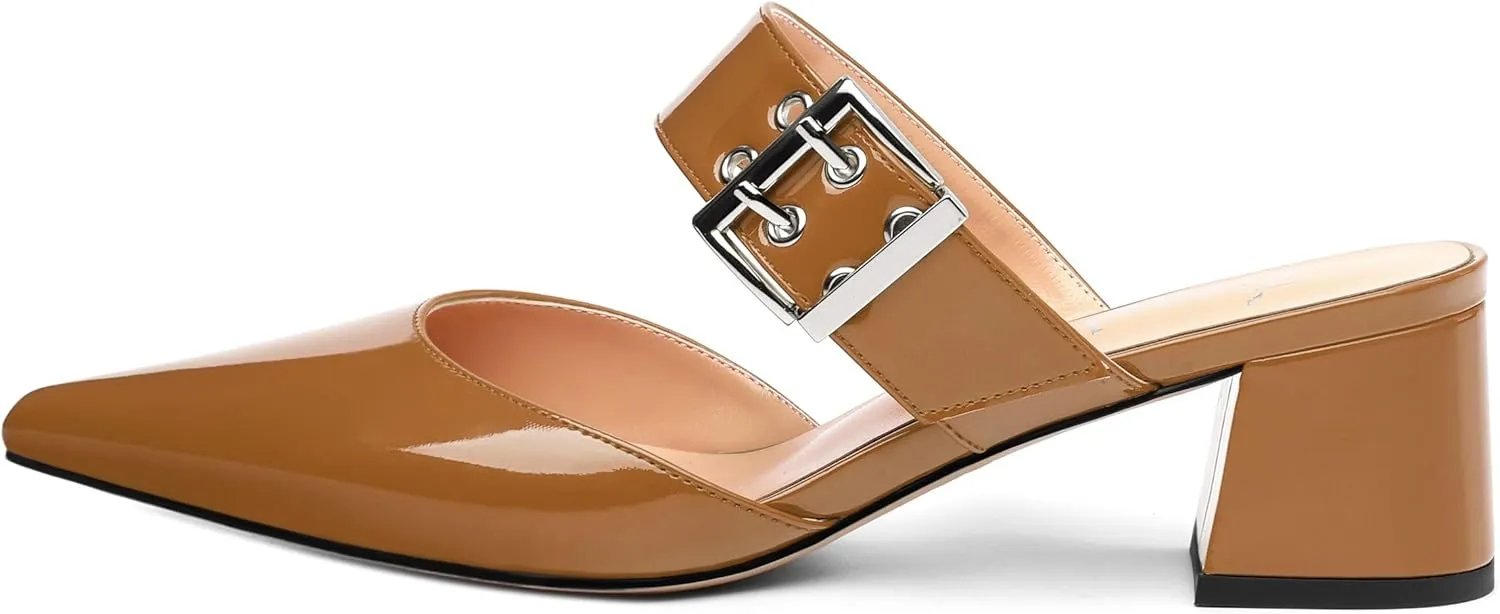 Women's Adjustable Strap Buckle Patent Solid Pointed Toe Chunky Low Heel Mules Casual Dress Pumps Slide Sandals 2 Inch