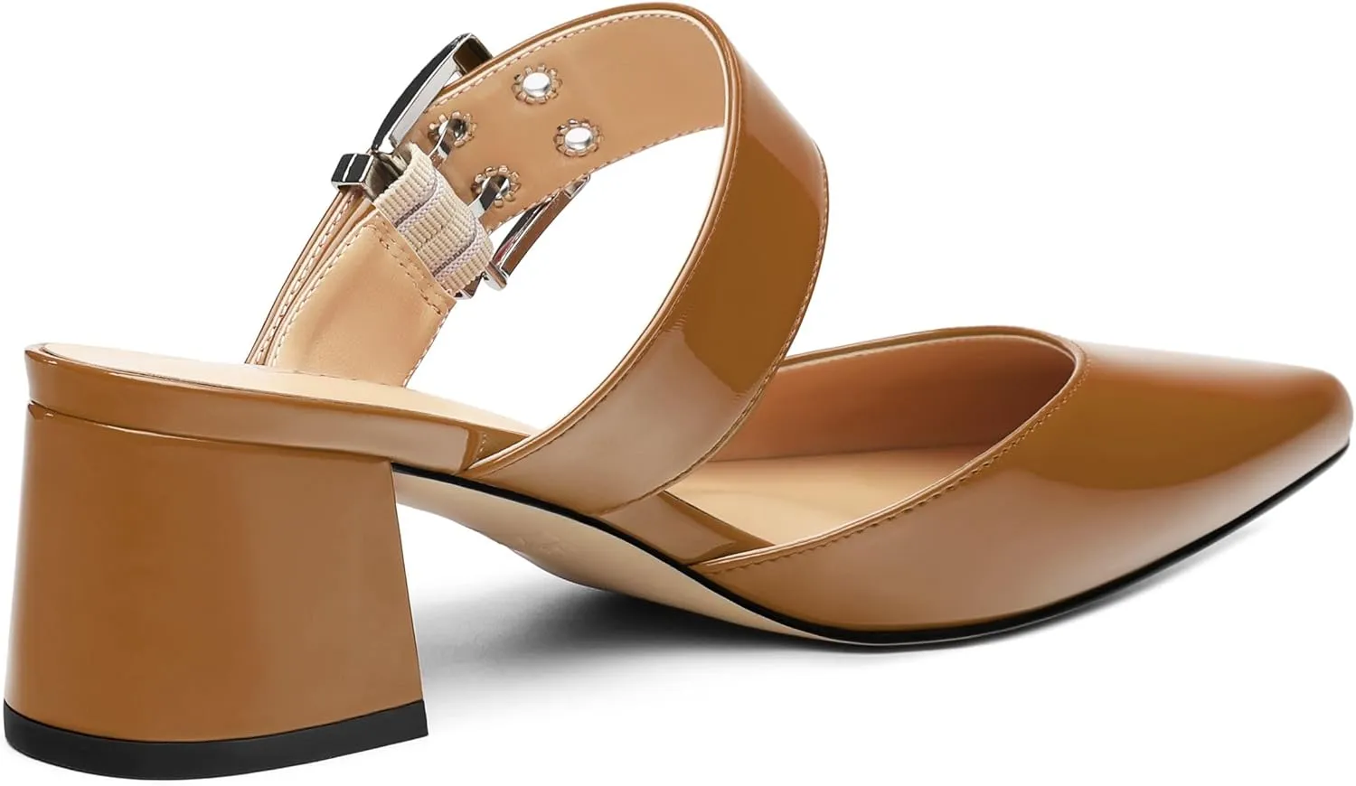 Women's Adjustable Strap Buckle Patent Solid Pointed Toe Chunky Low Heel Mules Casual Dress Pumps Slide Sandals 2 Inch