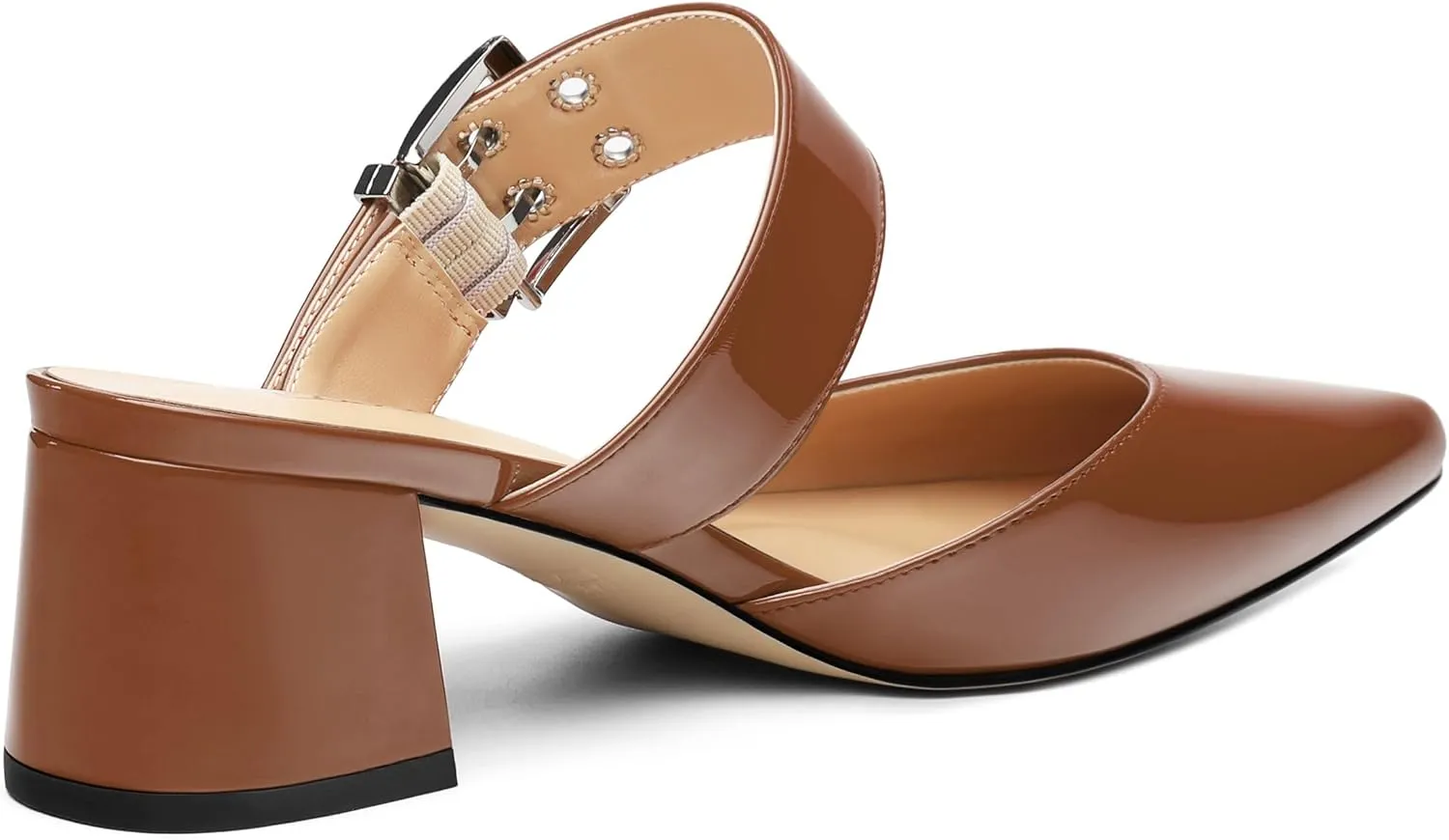 Women's Adjustable Strap Buckle Patent Solid Pointed Toe Chunky Low Heel Mules Casual Dress Pumps Slide Sandals 2 Inch