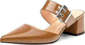 Women's Adjustable Strap Buckle Patent Solid Pointed Toe Chunky Low Heel Mules Casual Dress Pumps Slide Sandals 2 Inch