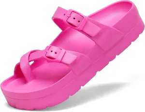 Womens Arch Support Platform Sandals Comfort Slides Thick Soles Flat Sandals With Adjustable Buckle & Ultra Cushion