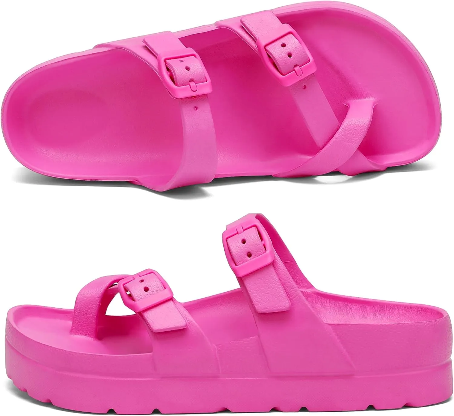 Womens Arch Support Platform Sandals Comfort Slides Thick Soles Flat Sandals With Adjustable Buckle & Ultra Cushion