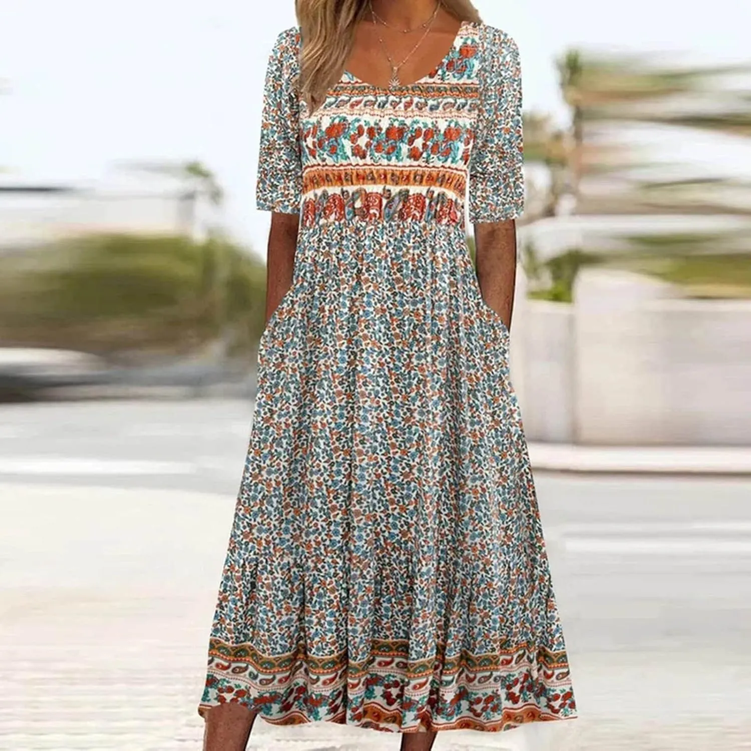 Womens Boho Summer Long Dresses Casual Floral Pleated Flowy midi Dresses Trendy Beach Vacation 2024 Clothes