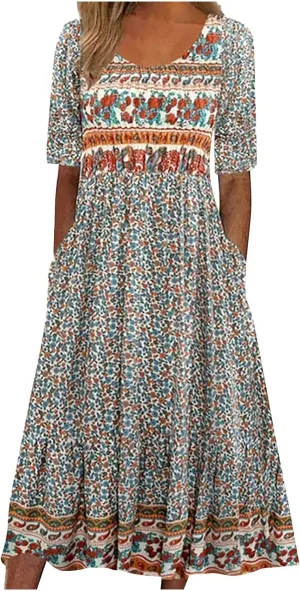 Womens Boho Summer Long Dresses Casual Floral Pleated Flowy midi Dresses Trendy Beach Vacation 2024 Clothes