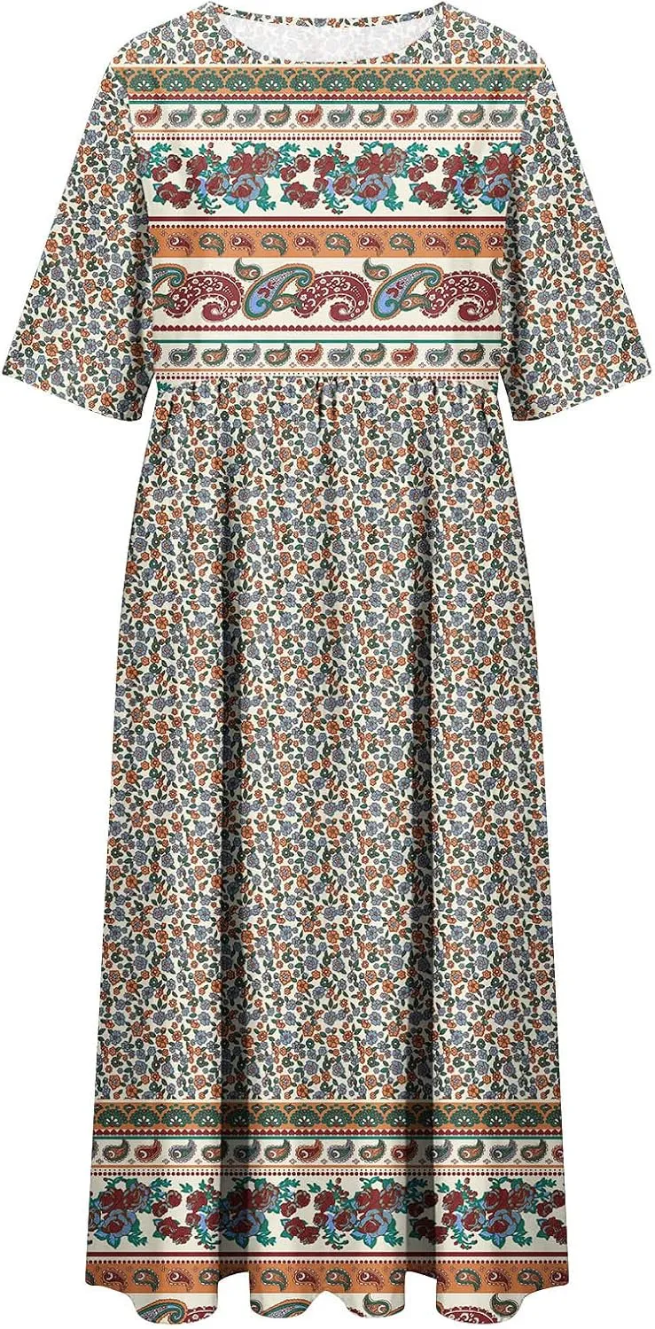 Womens Boho Summer Long Dresses Casual Floral Pleated Flowy midi Dresses Trendy Beach Vacation 2024 Clothes