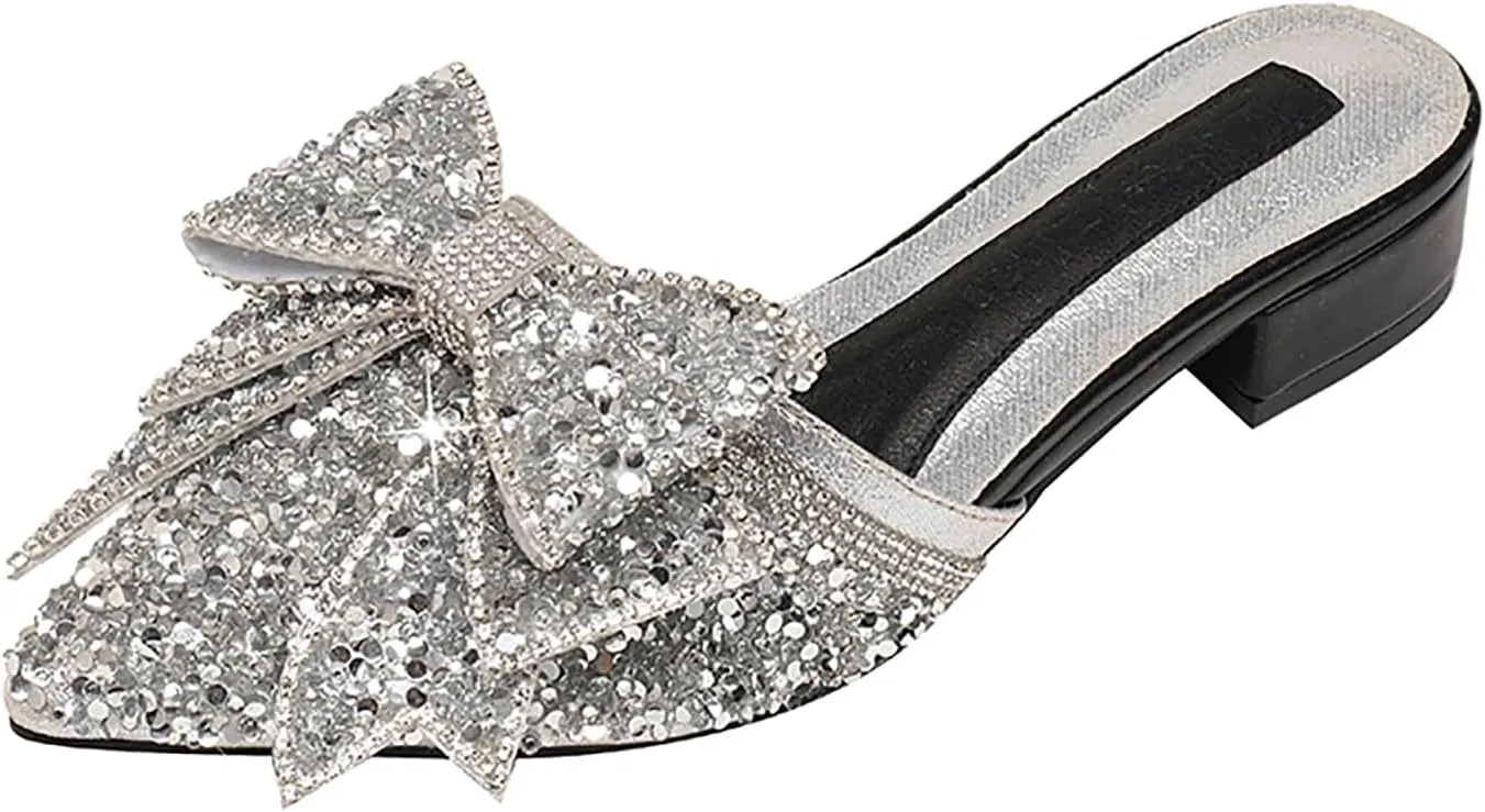Women's Bow Rhinestone Glitter Low Heels Mules Fashion Closed Pointed Toe Backless Slip on Comfortable Block Heel Pumps Sandals for Party Prom Date Wedding Dressy Slides