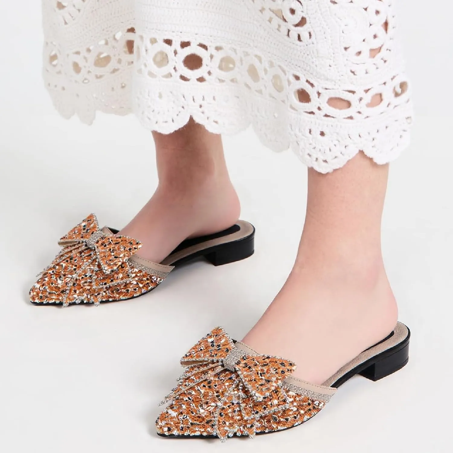 Women's Bow Rhinestone Glitter Low Heels Mules Fashion Closed Pointed Toe Backless Slip on Comfortable Block Heel Pumps Sandals for Party Prom Date Wedding Dressy Slides