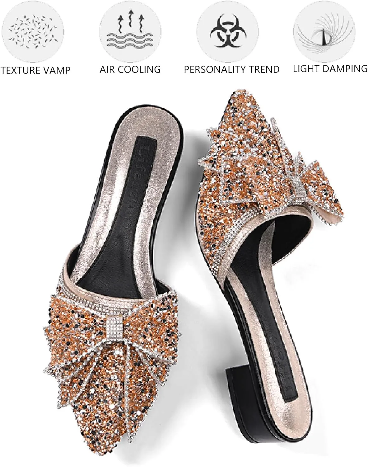 Women's Bow Rhinestone Glitter Low Heels Mules Fashion Closed Pointed Toe Backless Slip on Comfortable Block Heel Pumps Sandals for Party Prom Date Wedding Dressy Slides