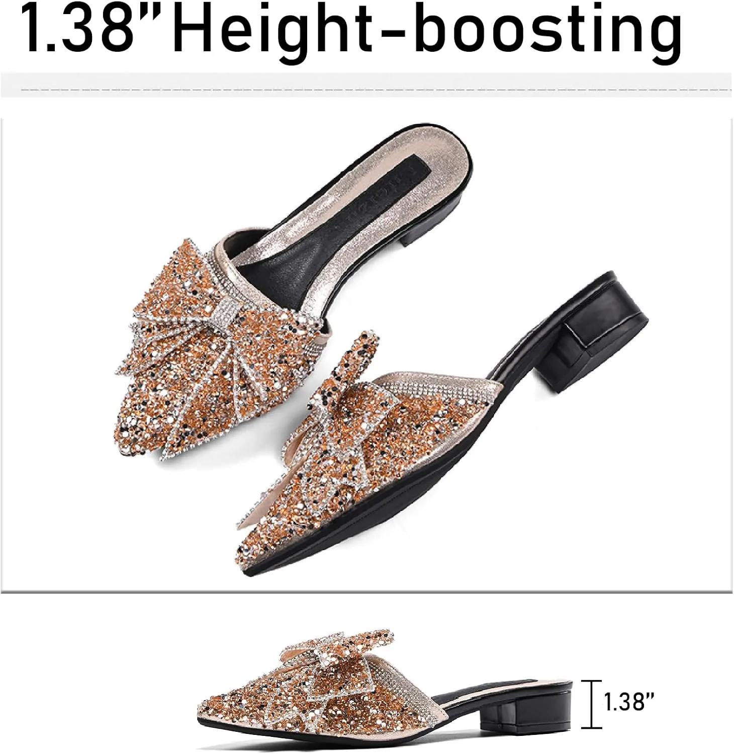 Women's Bow Rhinestone Glitter Low Heels Mules Fashion Closed Pointed Toe Backless Slip on Comfortable Block Heel Pumps Sandals for Party Prom Date Wedding Dressy Slides