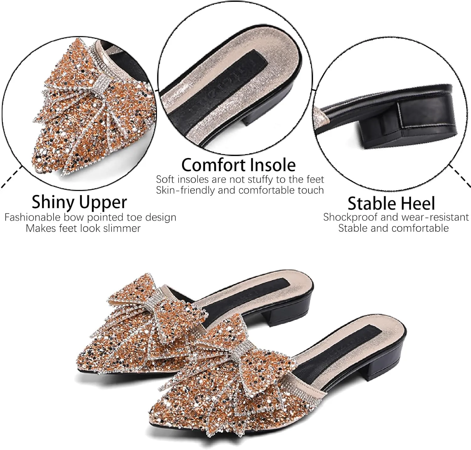 Women's Bow Rhinestone Glitter Low Heels Mules Fashion Closed Pointed Toe Backless Slip on Comfortable Block Heel Pumps Sandals for Party Prom Date Wedding Dressy Slides