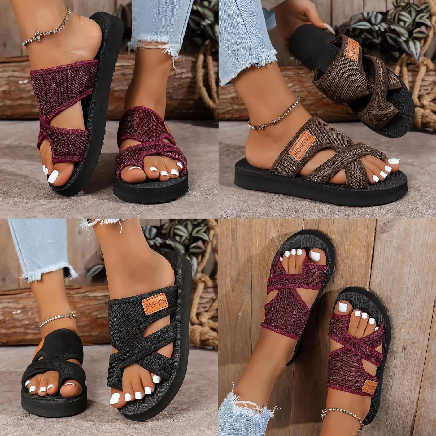 Women's Comfortable Breathable Hollow Mesh Flip Flops Arch Support Orthopedic Wide Width Flipflops Ladies Summer Casual Beach Yoga Foam Slip on Walking Toe Ring Loop Slides Flat Sandals Dressy