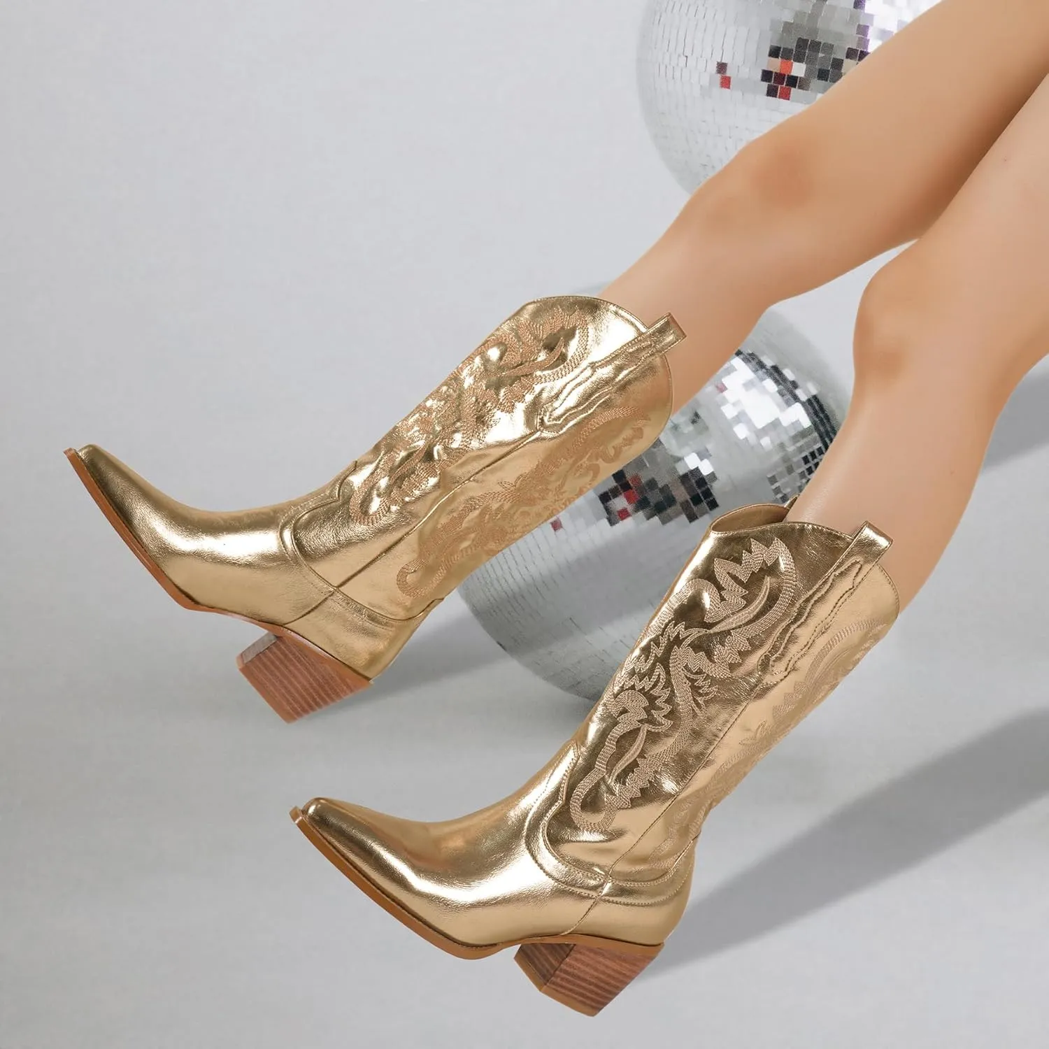 Women's Cowboy Boots Metallic Mid Calf Cowgirl Boots Wide Calf Western Embroidered Sparkly Paty Boots