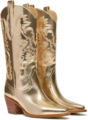 Women's Cowboy Boots Metallic Mid Calf Cowgirl Boots Wide Calf Western Embroidered Sparkly Paty Boots