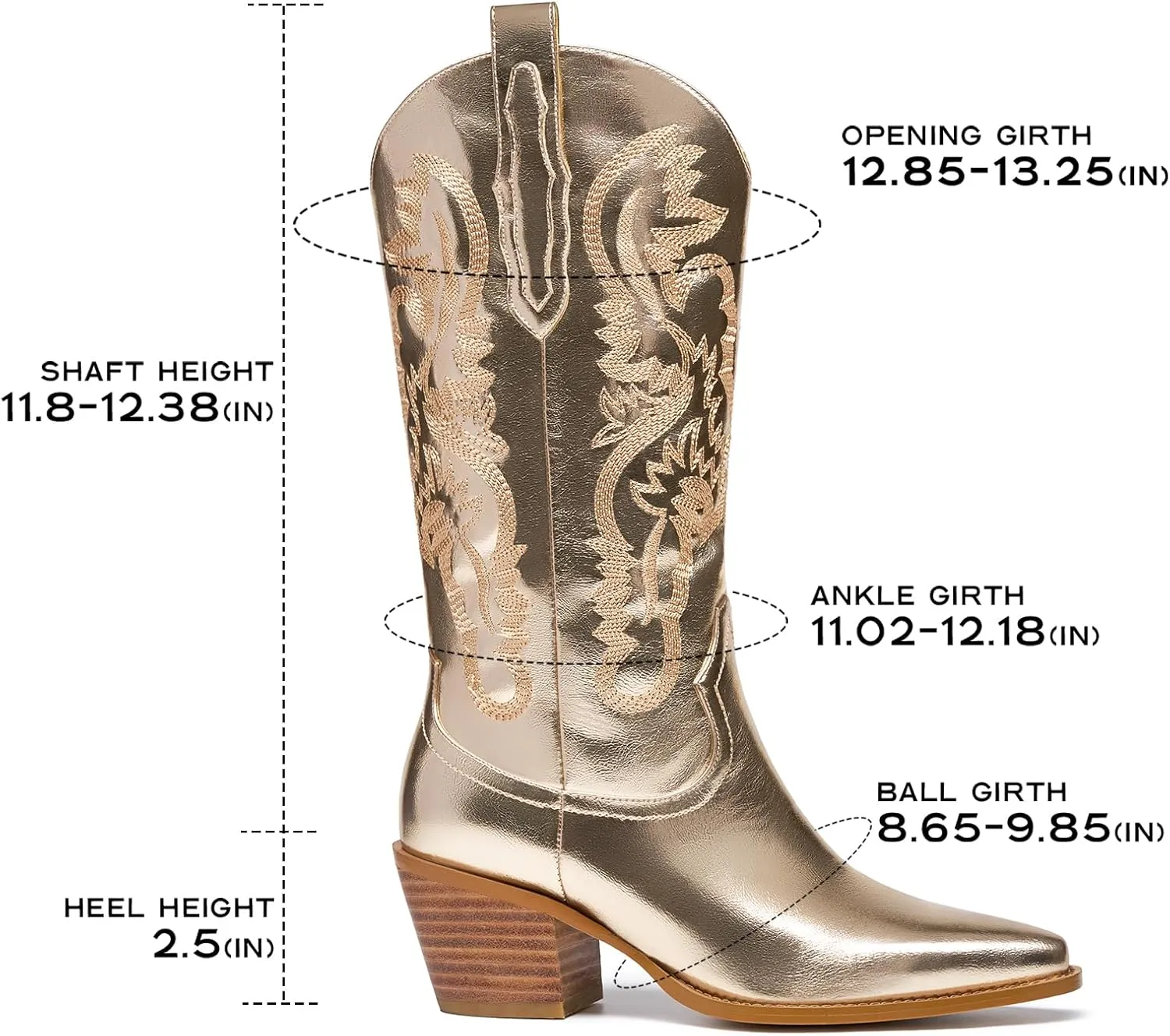 Women's Cowboy Boots Metallic Mid Calf Cowgirl Boots Wide Calf Western Embroidered Sparkly Paty Boots